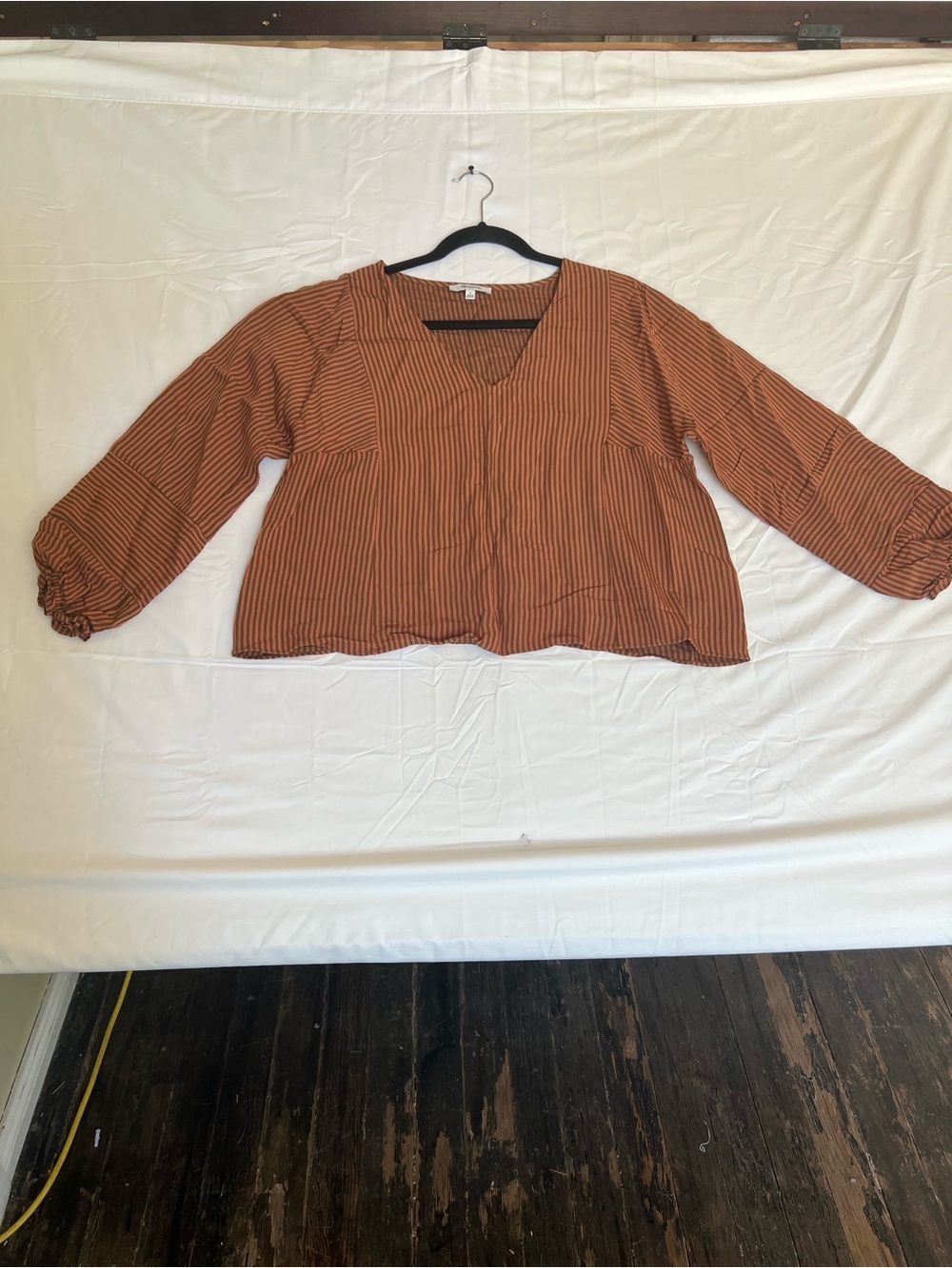 Madewell Rust and Black Striped V-Neck Peasant Top